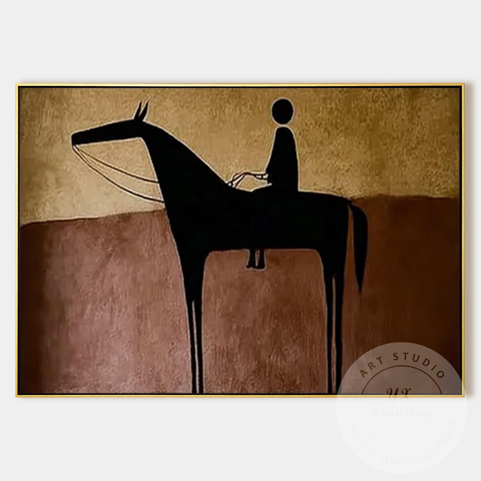 Hand Painted Horse Rider Wall Art, Minimalist Abstract Silhouette Painting, Rust #8