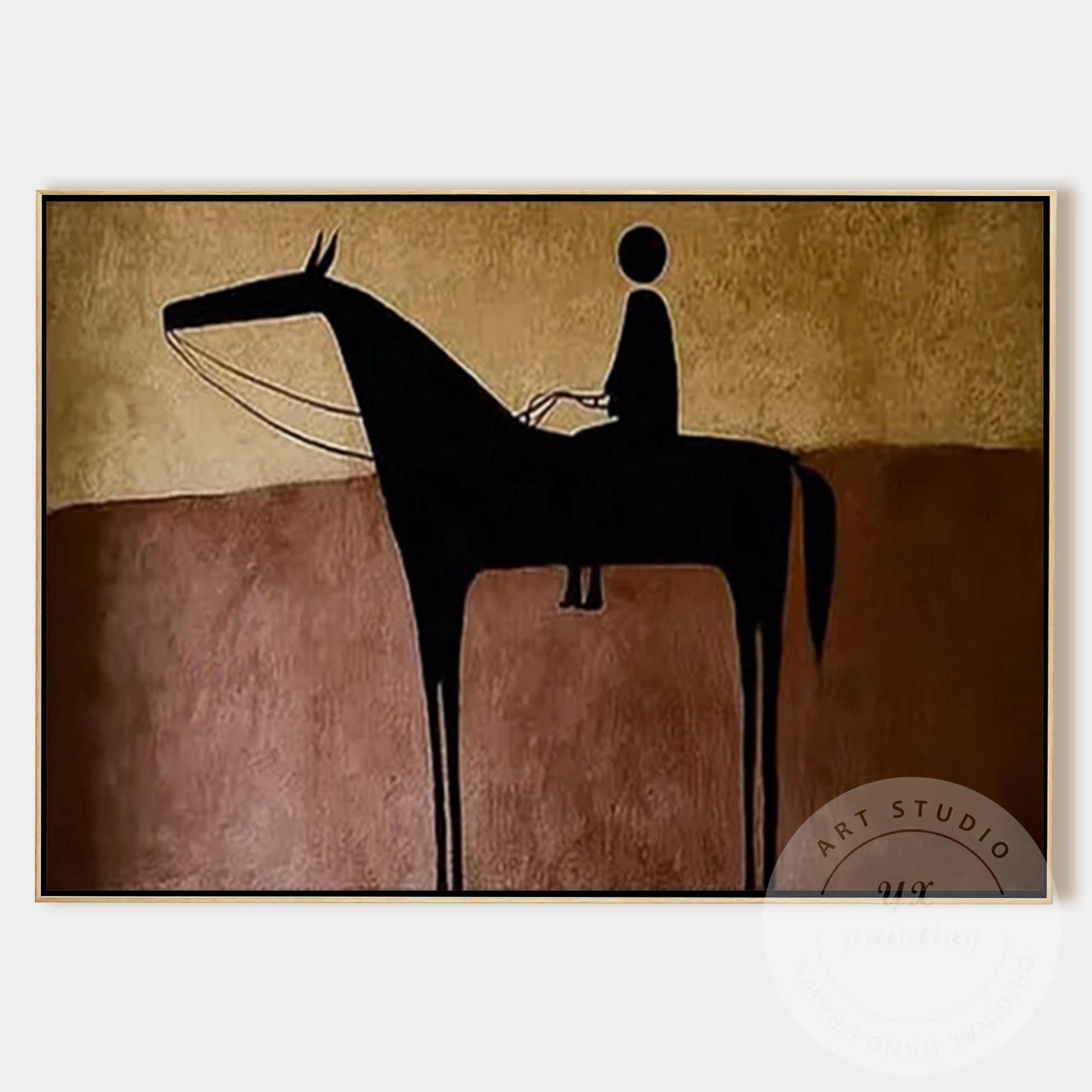 Hand Painted Horse Rider Wall Art, Minimalist Abstract Silhouette Painting, Rust #9
