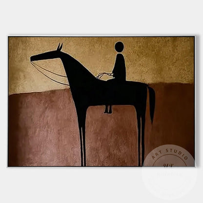 Hand Painted Horse Rider Wall Art, Minimalist Abstract Silhouette Painting, Rust #10