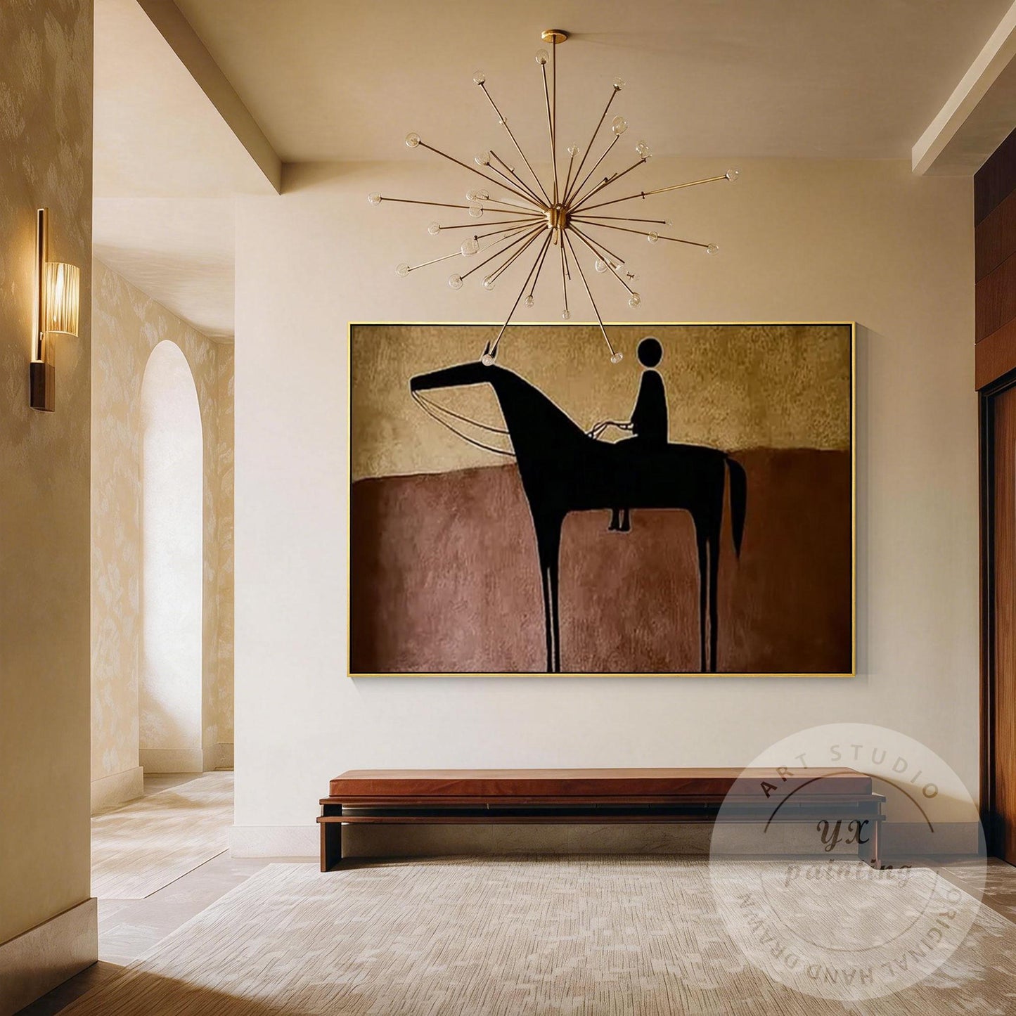 Hand Painted Horse Rider Wall Art, Minimalist Abstract Silhouette Painting, Rust #1