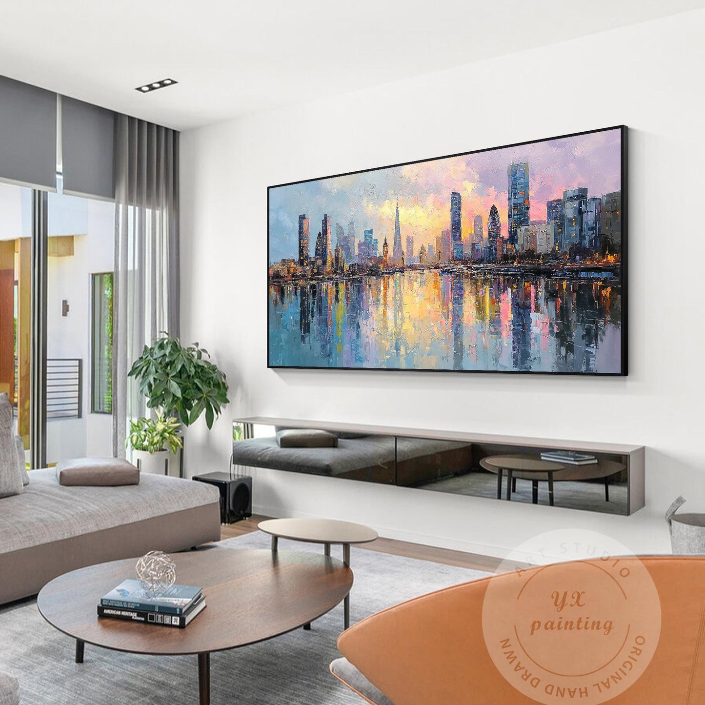 Hand Painted London Skyline Oil Painting on Canvas – Large Oversized Cityscape W #2