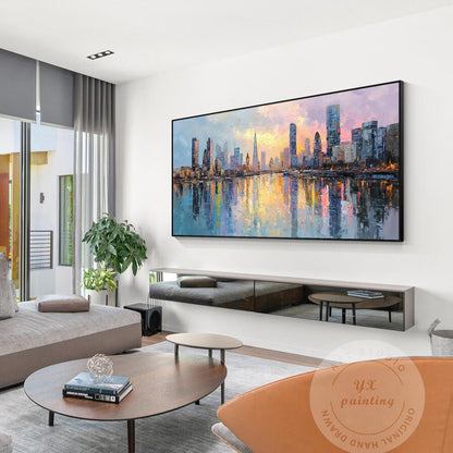 Hand Painted London Skyline Oil Painting on Canvas – Large Oversized Cityscape W #2
