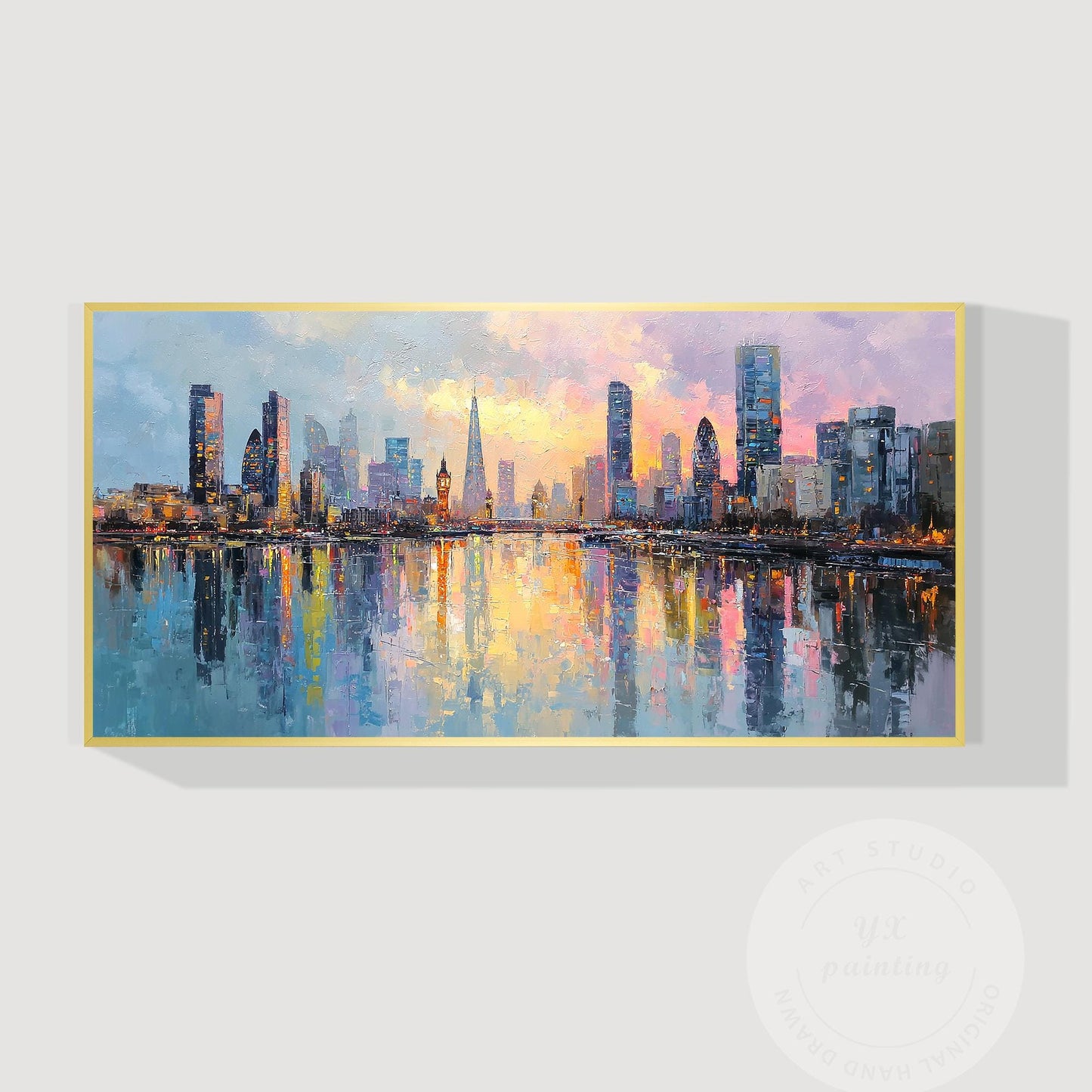 Hand Painted London Skyline Oil Painting on Canvas – Large Oversized Cityscape W #11