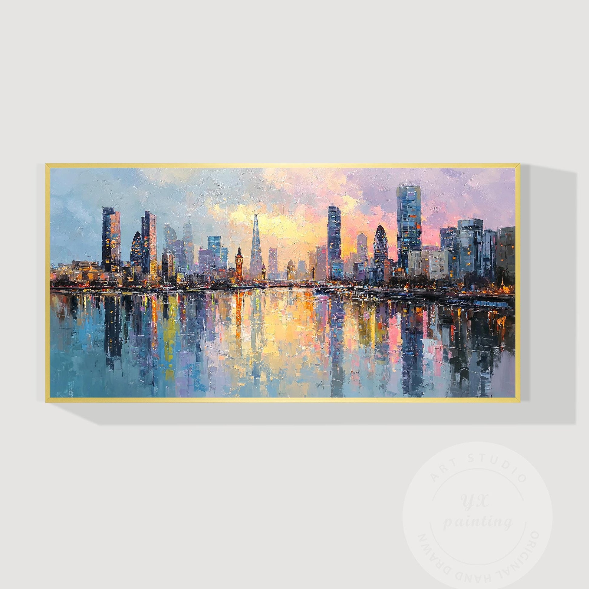 Hand Painted London Skyline Oil Painting on Canvas – Large Oversized Cityscape W #11