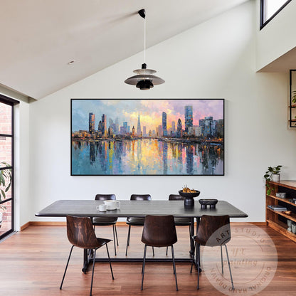 Hand Painted London Skyline Oil Painting on Canvas – Large Oversized Cityscape W #3
