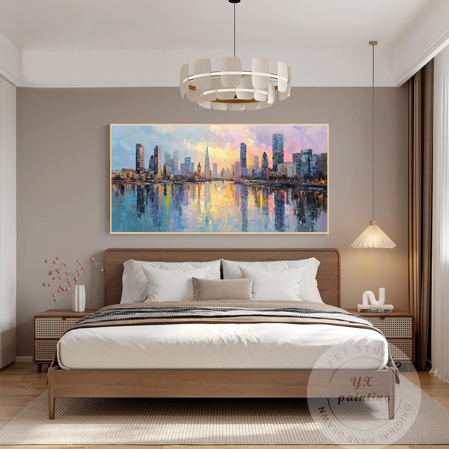 Hand Painted London Skyline Oil Painting on Canvas – Large Oversized Cityscape W #4