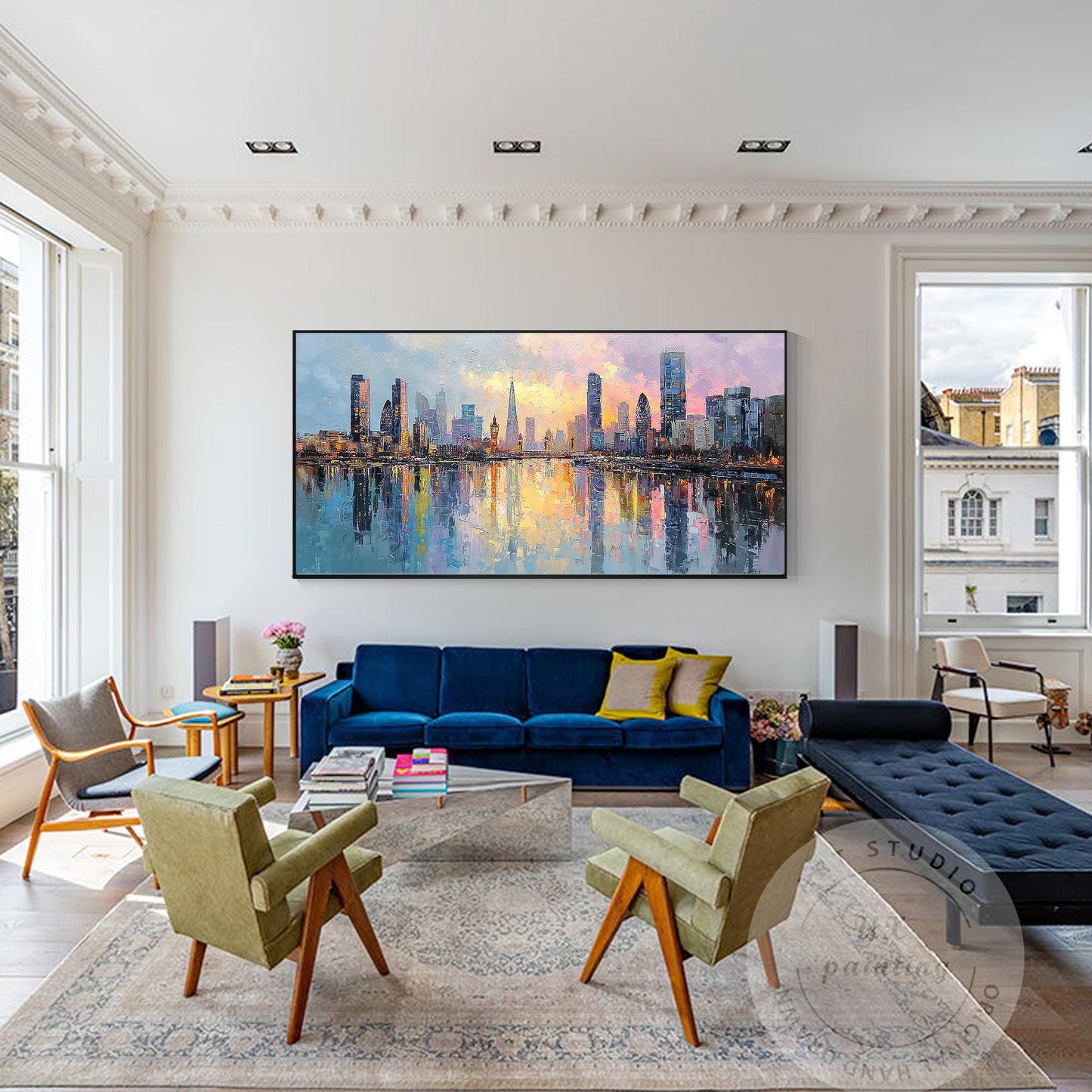 Hand Painted London Skyline Oil Painting on Canvas – Large Oversized Cityscape W #5