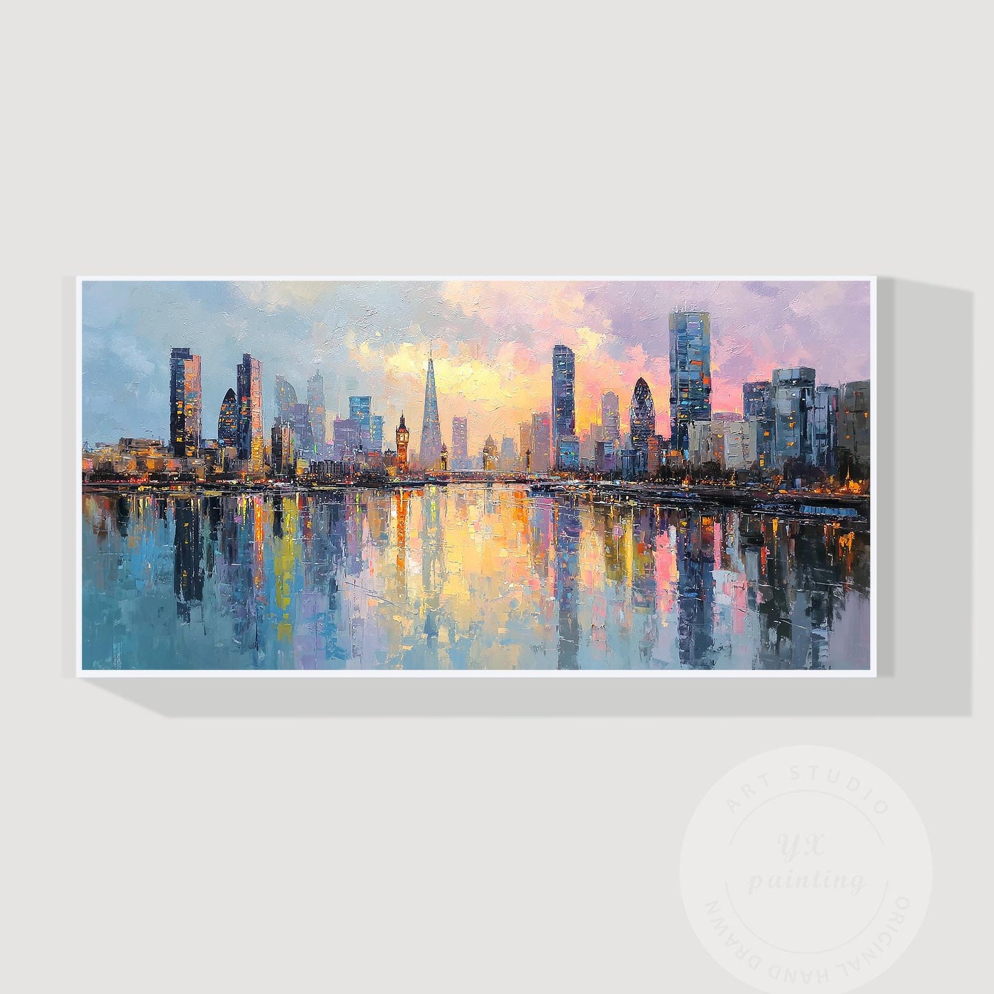Hand Painted London Skyline Oil Painting on Canvas – Large Oversized Cityscape W #9