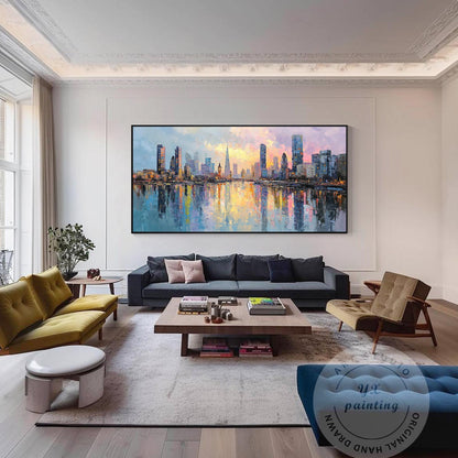 Hand Painted London Skyline Oil Painting on Canvas – Large Oversized Cityscape W #1