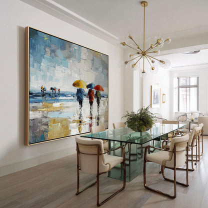 Hand Painted Rainy City Umbrella Painting, Abstract Impressionist Wall Art, Mode #2