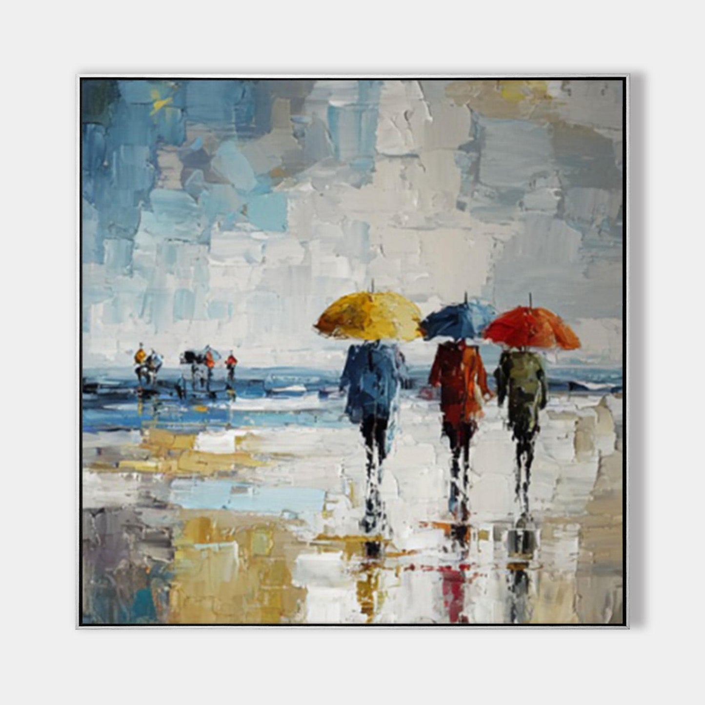 Hand Painted Rainy City Umbrella Painting, Abstract Impressionist Wall Art, Mode #11