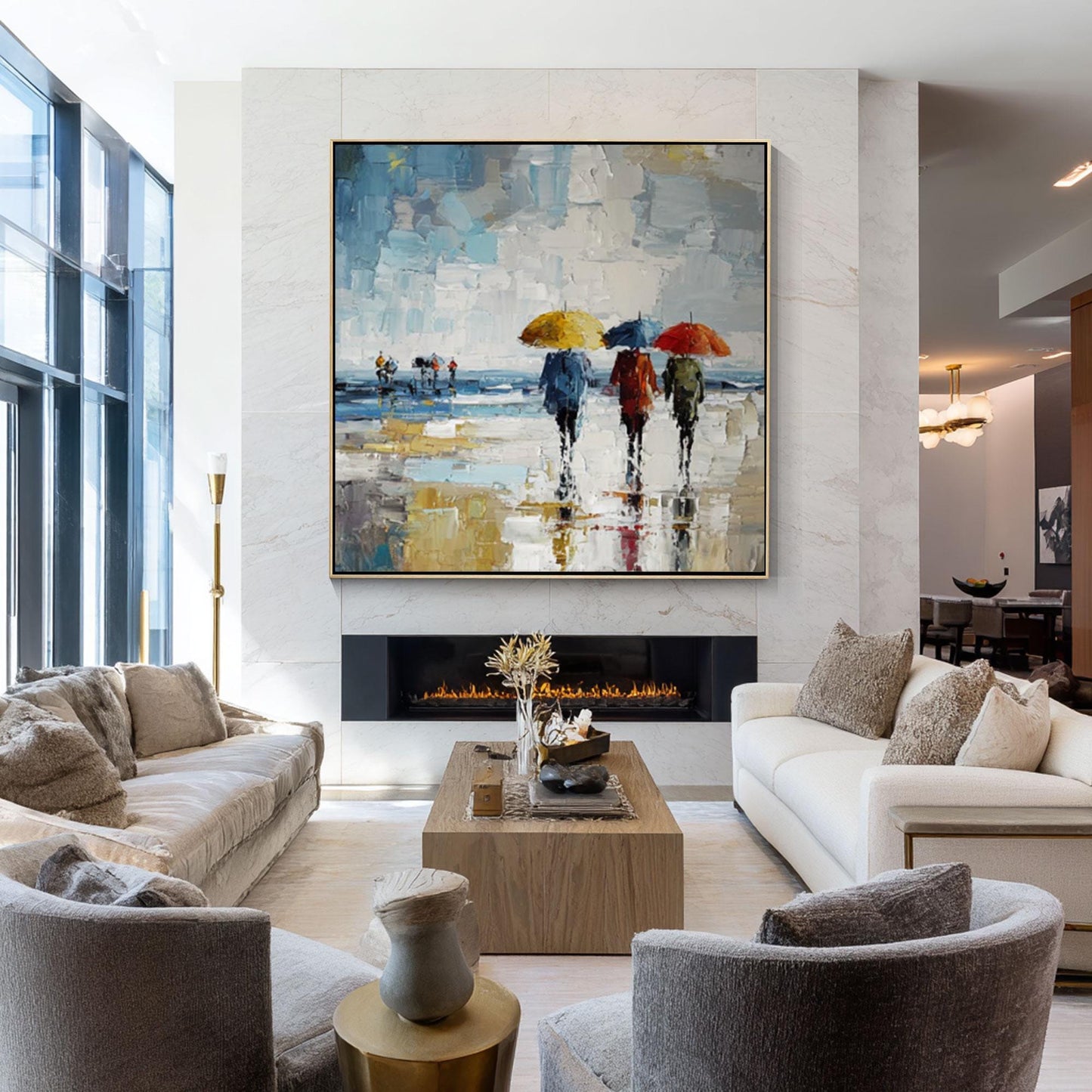 Hand Painted Rainy City Umbrella Painting, Abstract Impressionist Wall Art, Mode #3