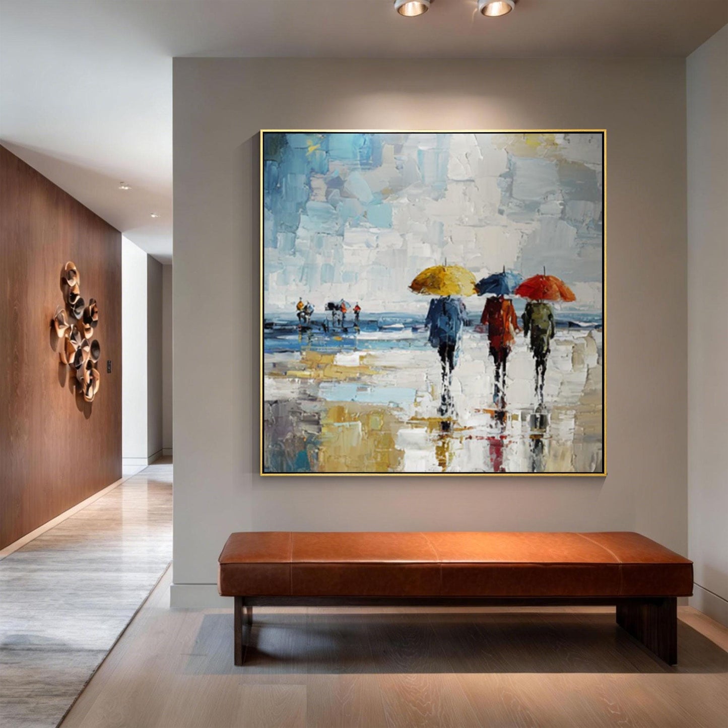 Hand Painted Rainy City Umbrella Painting, Abstract Impressionist Wall Art, Mode #4