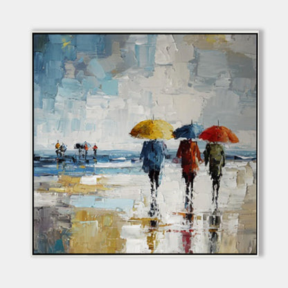 Hand Painted Rainy City Umbrella Painting, Abstract Impressionist Wall Art, Mode #6
