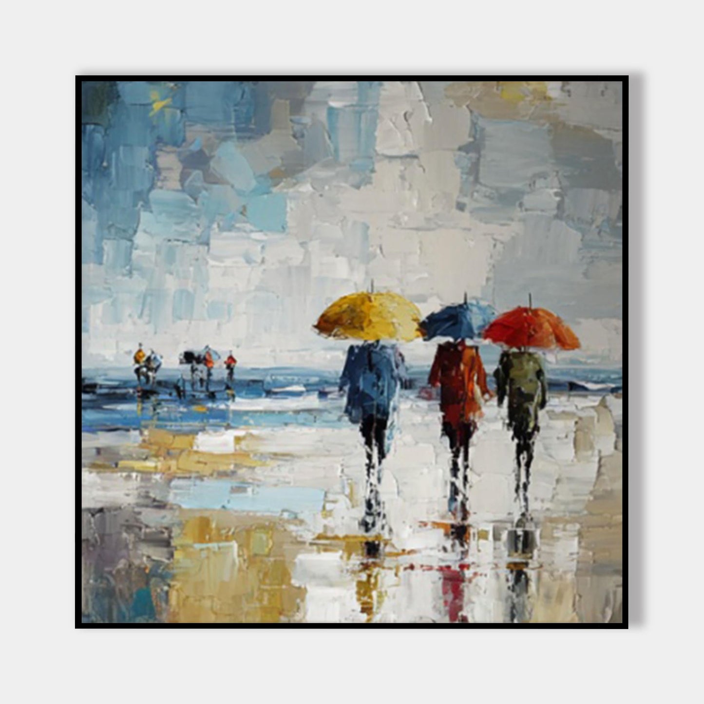 Hand Painted Rainy City Umbrella Painting, Abstract Impressionist Wall Art, Mode #7
