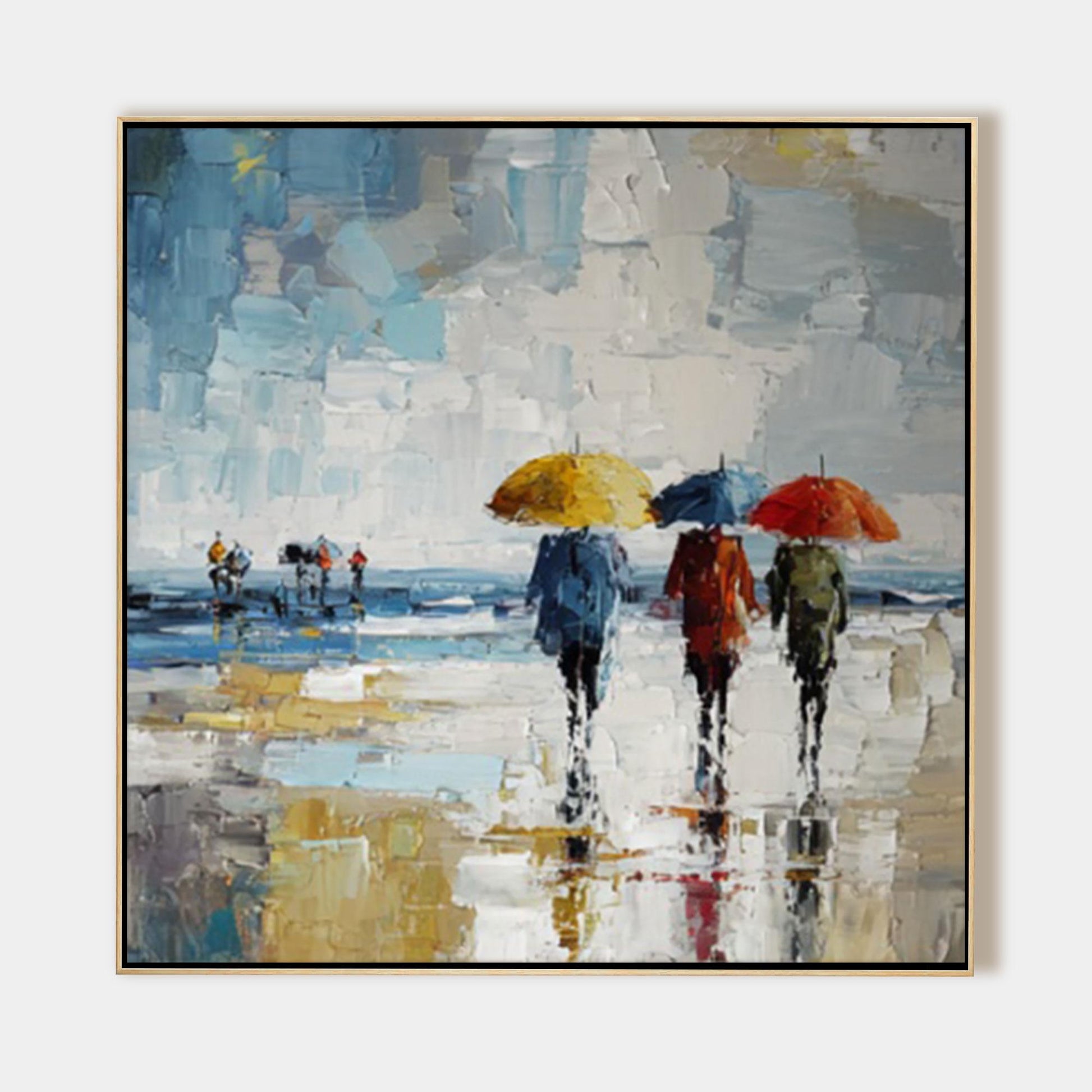 Hand Painted Rainy City Umbrella Painting, Abstract Impressionist Wall Art, Mode #9