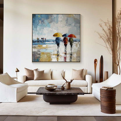 Hand Painted Rainy City Umbrella Painting, Abstract Impressionist Wall Art, Mode #1