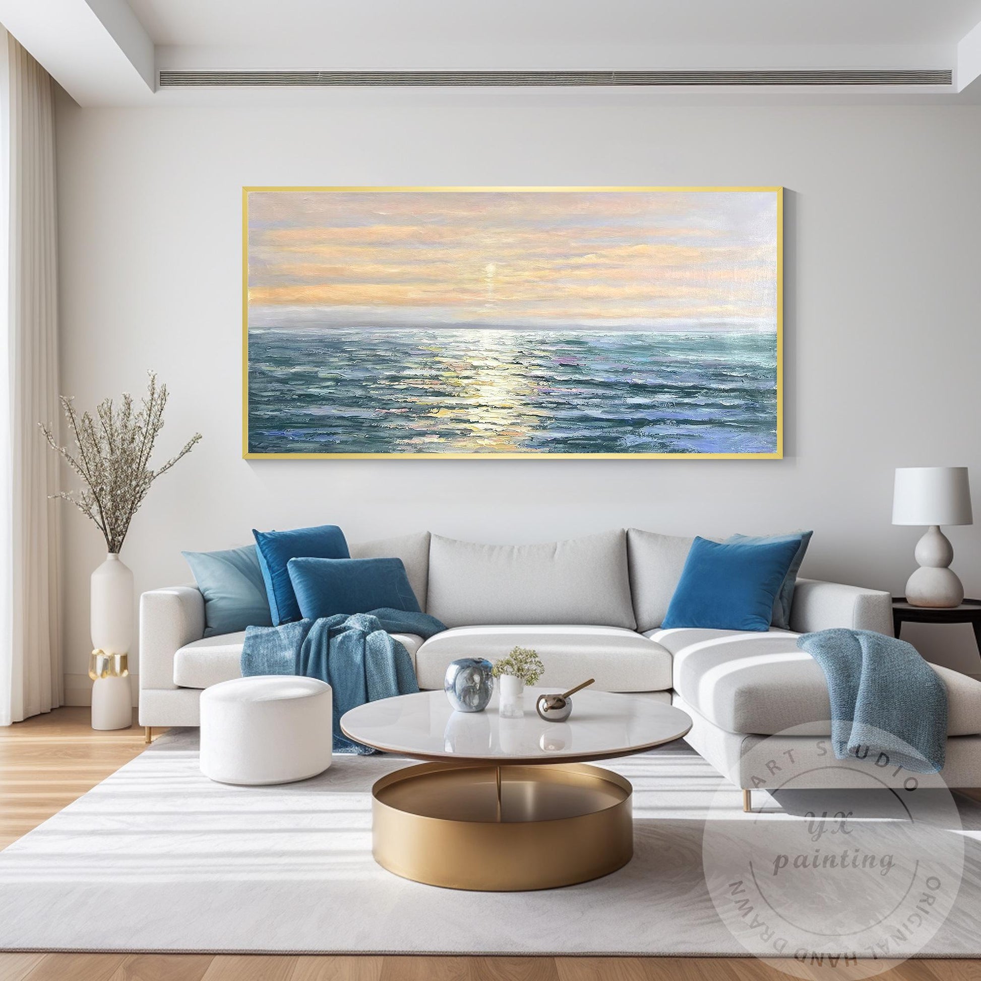 Hand-Painted Sunrise Ocean Painting, Abstract Seascape Artwork, Coastal Wall Dec #2