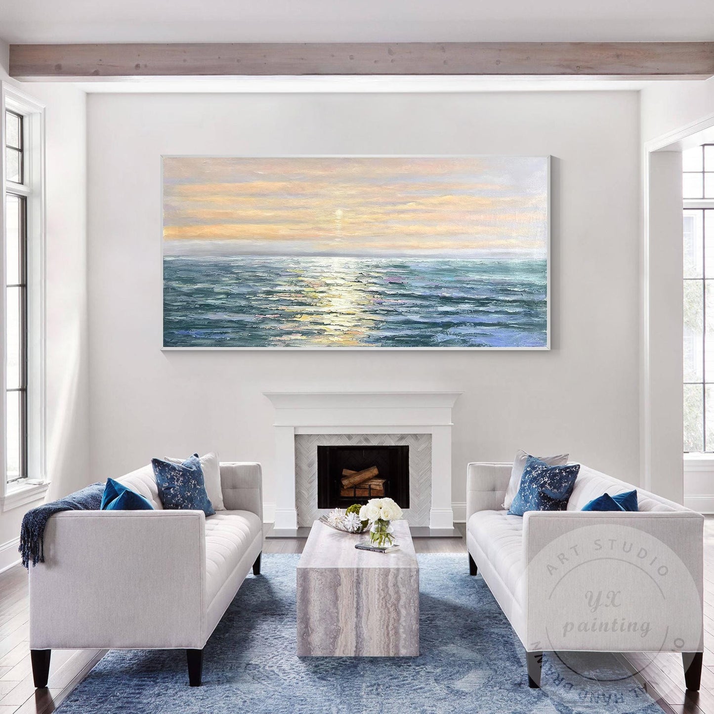 Hand-Painted Sunrise Ocean Painting, Abstract Seascape Artwork, Coastal Wall Dec #3