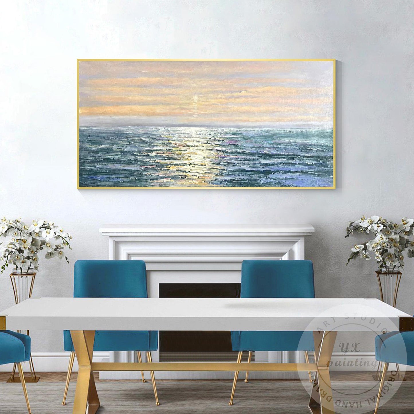 Hand-Painted Sunrise Ocean Painting, Abstract Seascape Artwork, Coastal Wall Dec #4