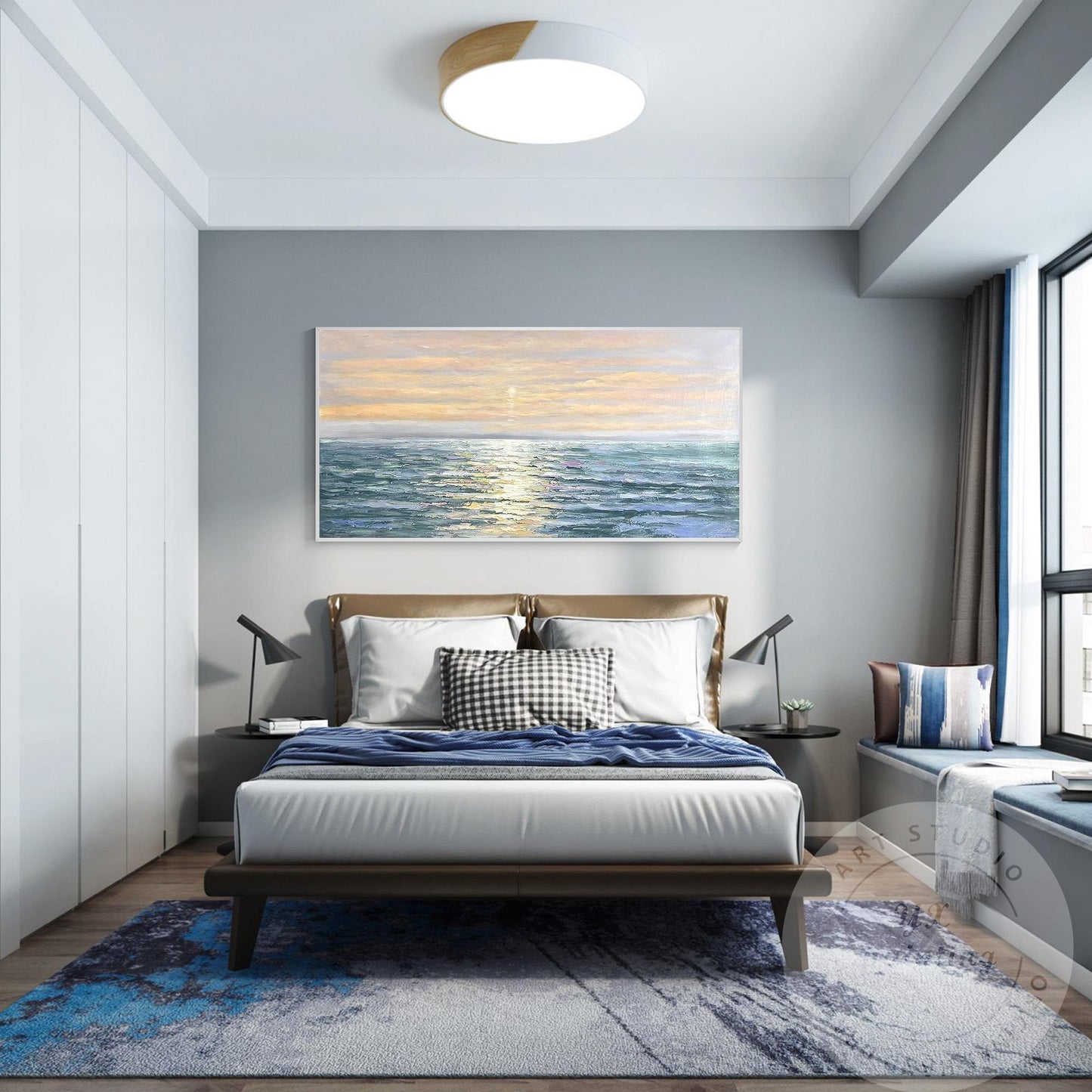 Hand-Painted Sunrise Ocean Painting, Abstract Seascape Artwork, Coastal Wall Dec #5