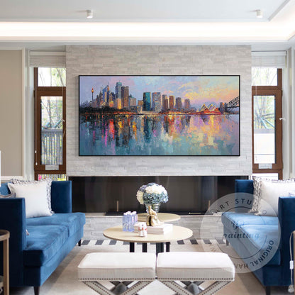 Hand Painted Sydney Cityscape Painting on Canvas, Original Abstract Skyline Wall #2