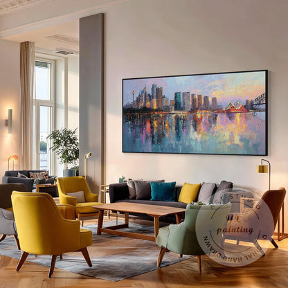 Hand Painted Sydney Cityscape Painting on Canvas, Original Abstract Skyline Wall #3