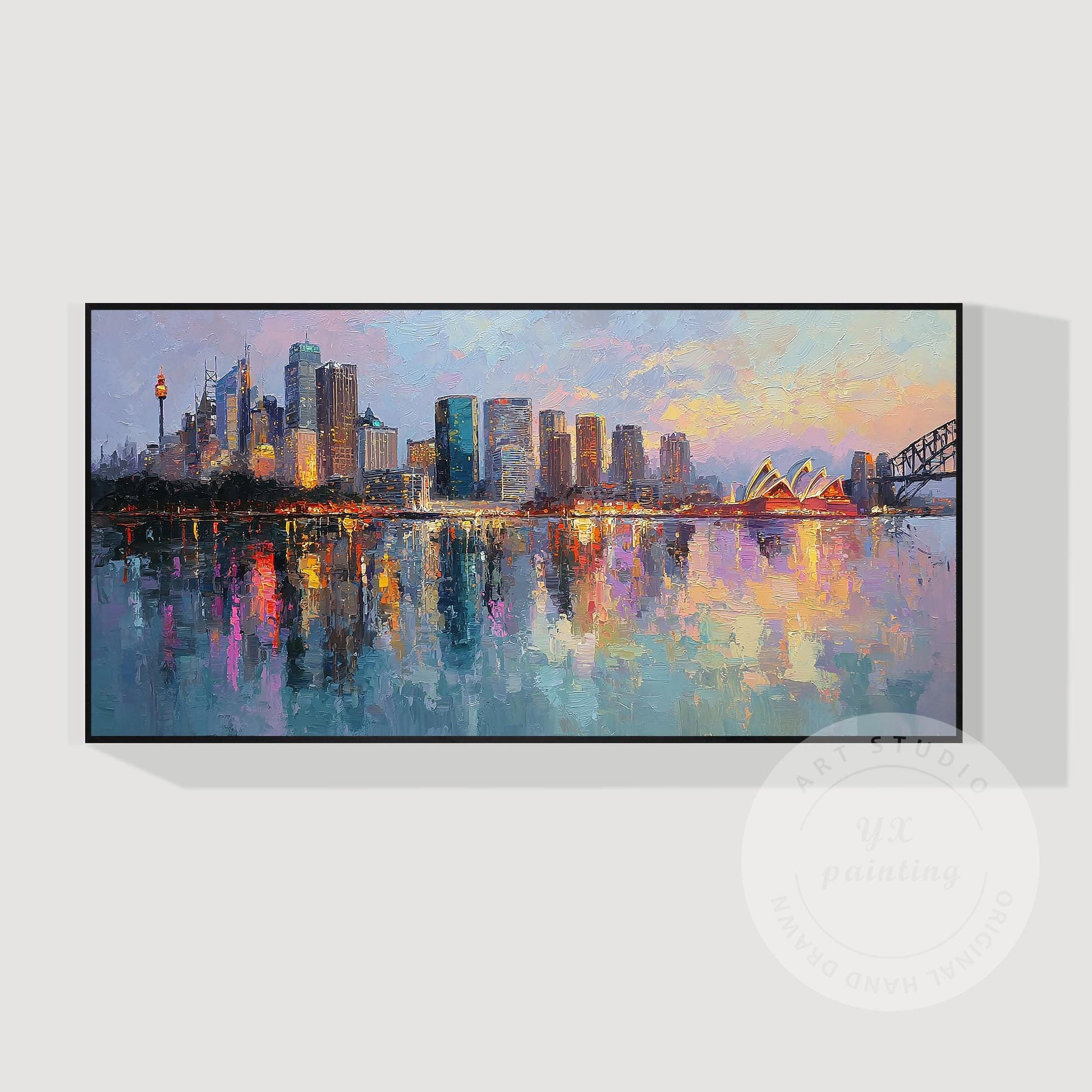 Hand Painted Sydney Cityscape Painting on Canvas, Original Abstract Skyline Wall #6