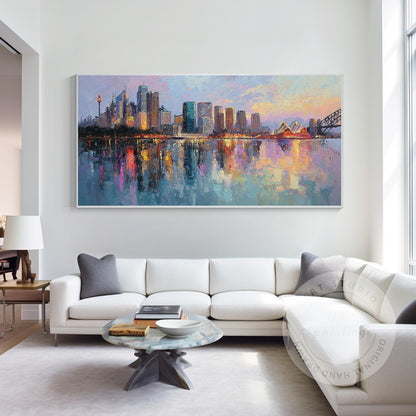 Hand Painted Sydney Cityscape Painting on Canvas, Original Abstract Skyline Wall #1