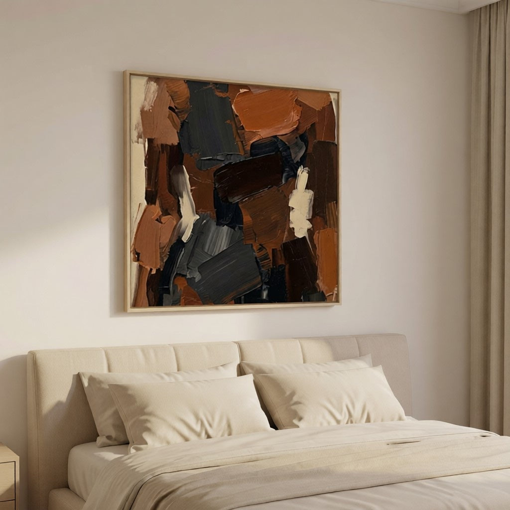 Hand-Painted Textured Abstract Wall Art Earth Tone Oil Painting styled in a refined neutral room setting to show wall scale, calm proportion, and interior decor mood.