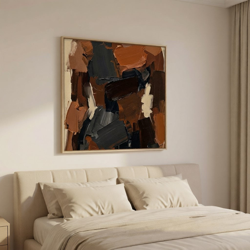 Hand-Painted Textured Abstract Wall Art Earth Tone Oil Painting styled in a refined neutral room setting to show wall scale, calm proportion, and interior decor mood.