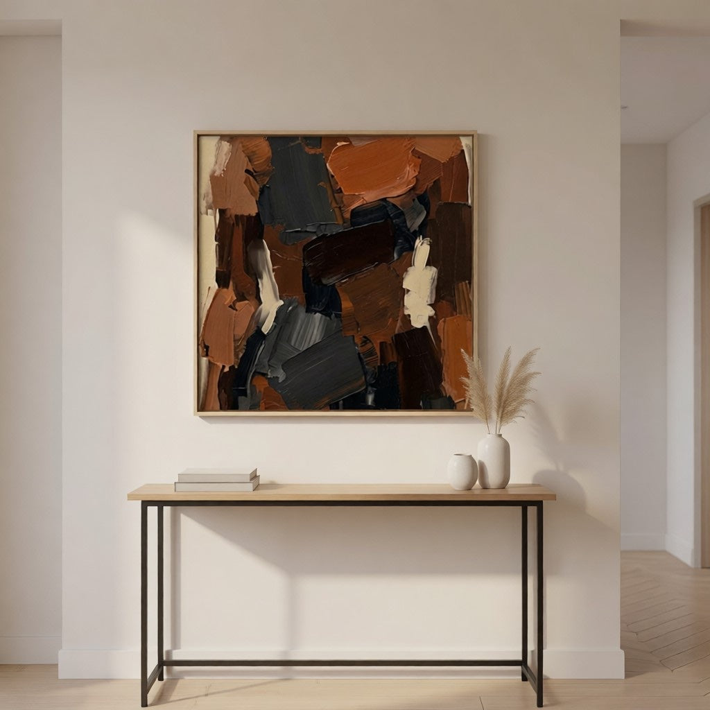 Hand-Painted Textured Abstract Wall Art Earth Tone Oil Painting styled in a refined neutral room setting to show wall scale, calm proportion, and interior decor mood.