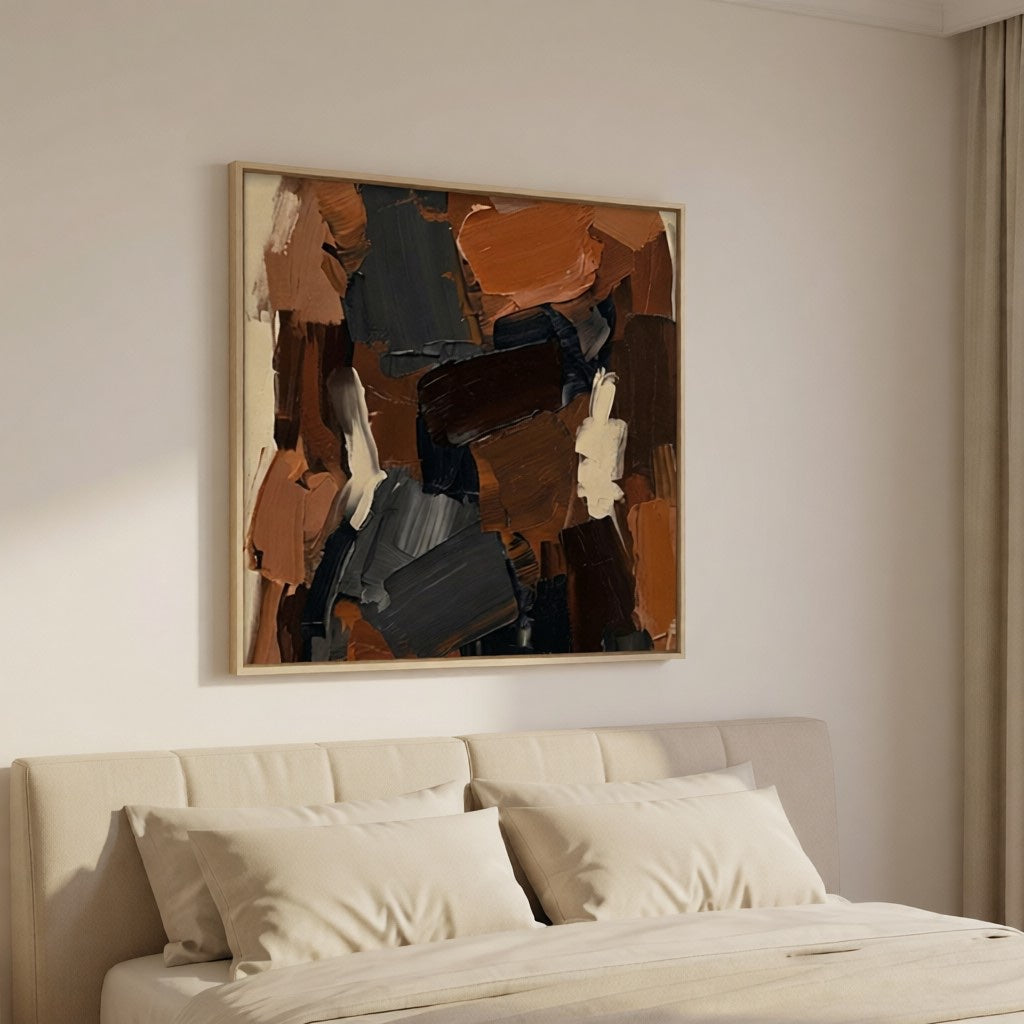 Hand-Painted Textured Abstract Wall Art Earth Tone Oil Painting styled in a refined neutral room setting to show wall scale, calm proportion, and interior decor mood.
