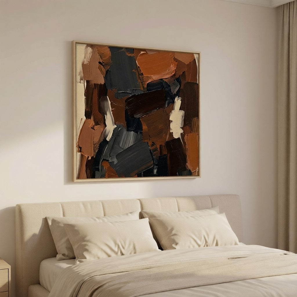Hand-Painted Textured Abstract Wall Art Earth Tone Oil Painting styled in a refined neutral room setting to show wall scale, calm proportion, and interior decor mood.
