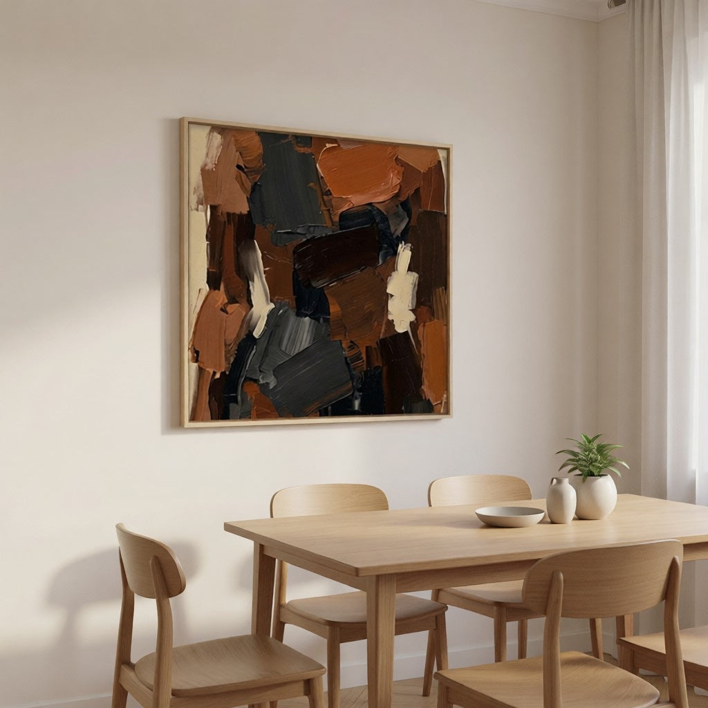 Hand-Painted Textured Abstract Wall Art Earth Tone Oil Painting styled in a refined neutral room setting to show wall scale, calm proportion, and interior decor mood.