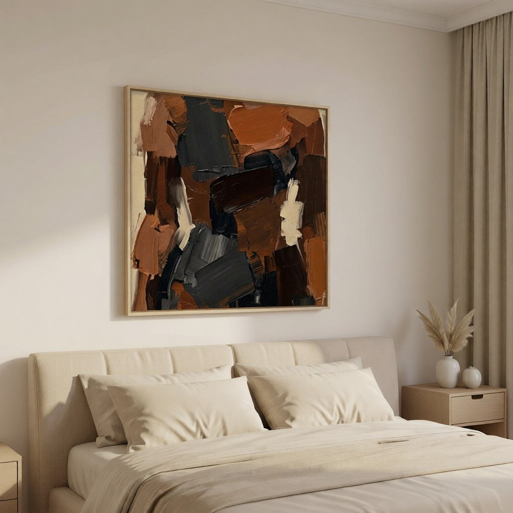 Hand-Painted Textured Abstract Wall Art Earth Tone Oil Painting styled in a refined neutral room setting to show wall scale, calm proportion, and interior decor mood.