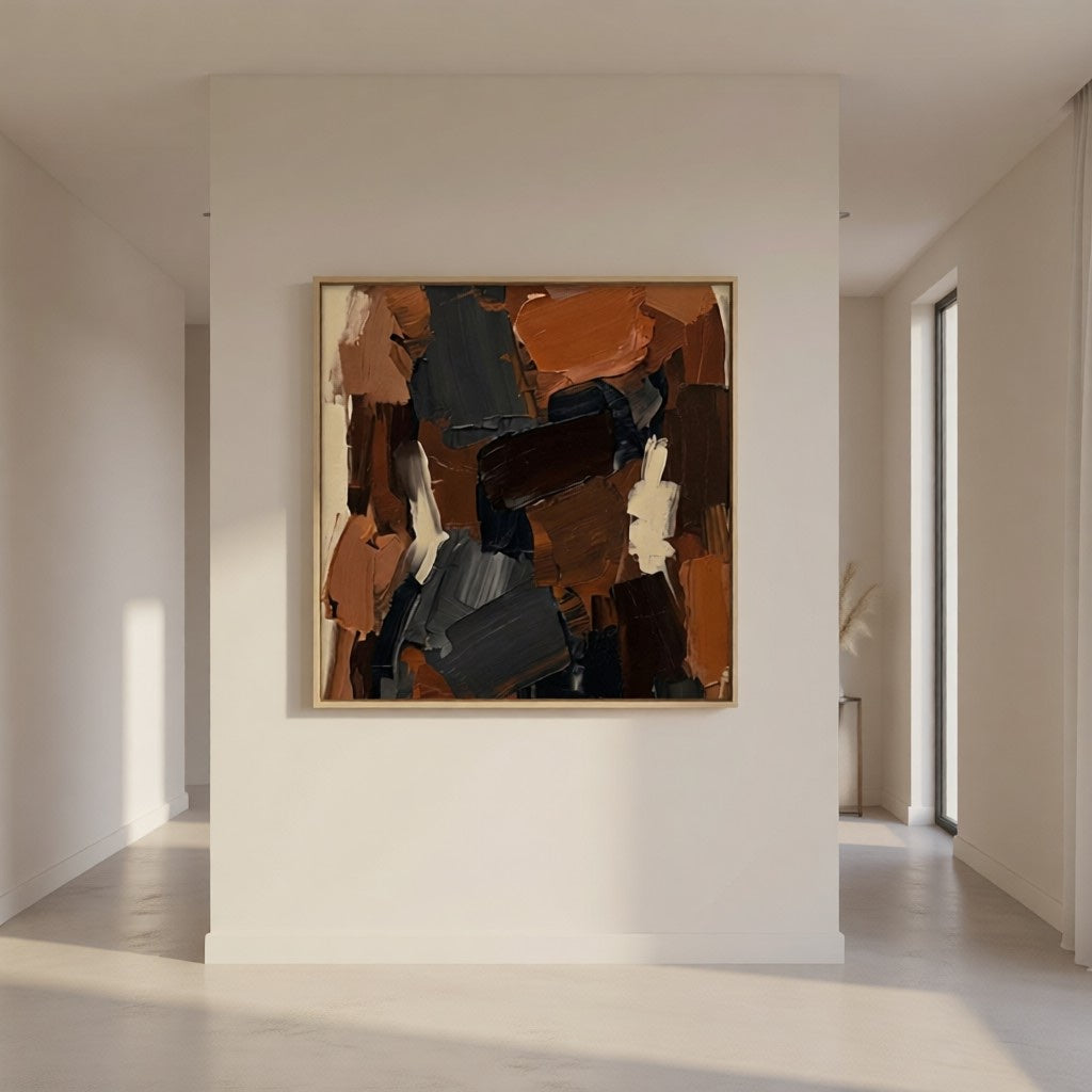 Hand-Painted Textured Abstract Wall Art Earth Tone Oil Painting styled in a refined neutral room setting to show wall scale, calm proportion, and interior decor mood.