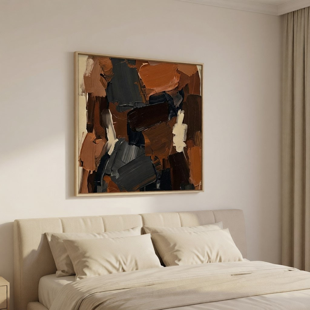 Hand-Painted Textured Abstract Wall Art Earth Tone Oil Painting styled in a refined neutral room setting to show wall scale, calm proportion, and interior decor mood.