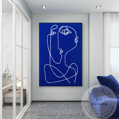 Hand Tufted Abstract Fiber Art, Large Vertical Blue Picasso Line Art, Punch Need #2