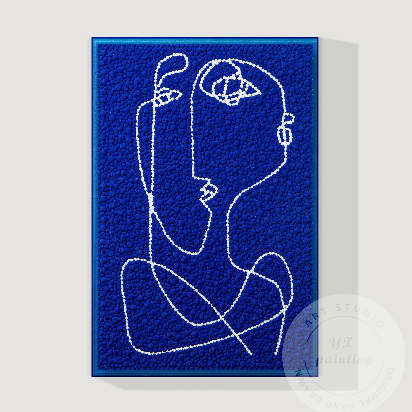 Hand Tufted Abstract Fiber Art, Large Vertical Blue Picasso Line Art, Punch Need #11