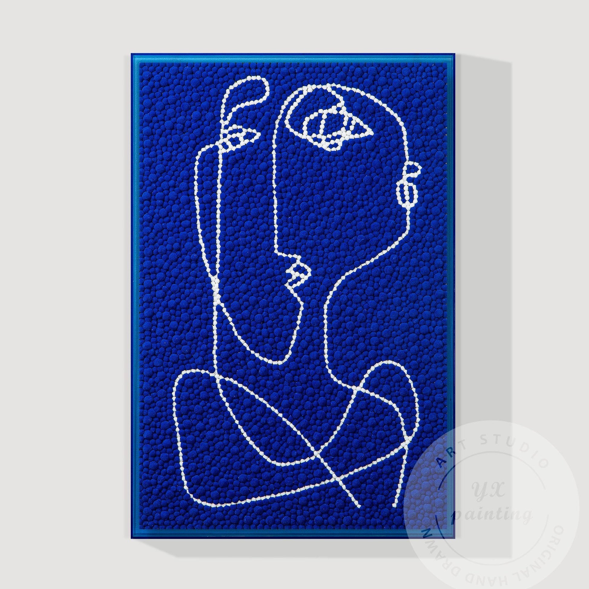 Hand Tufted Abstract Fiber Art, Large Vertical Blue Picasso Line Art, Punch Need #11
