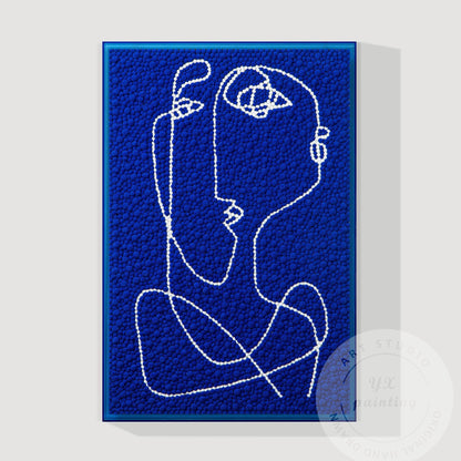 Hand Tufted Abstract Fiber Art, Large Vertical Blue Picasso Line Art, Punch Need #11