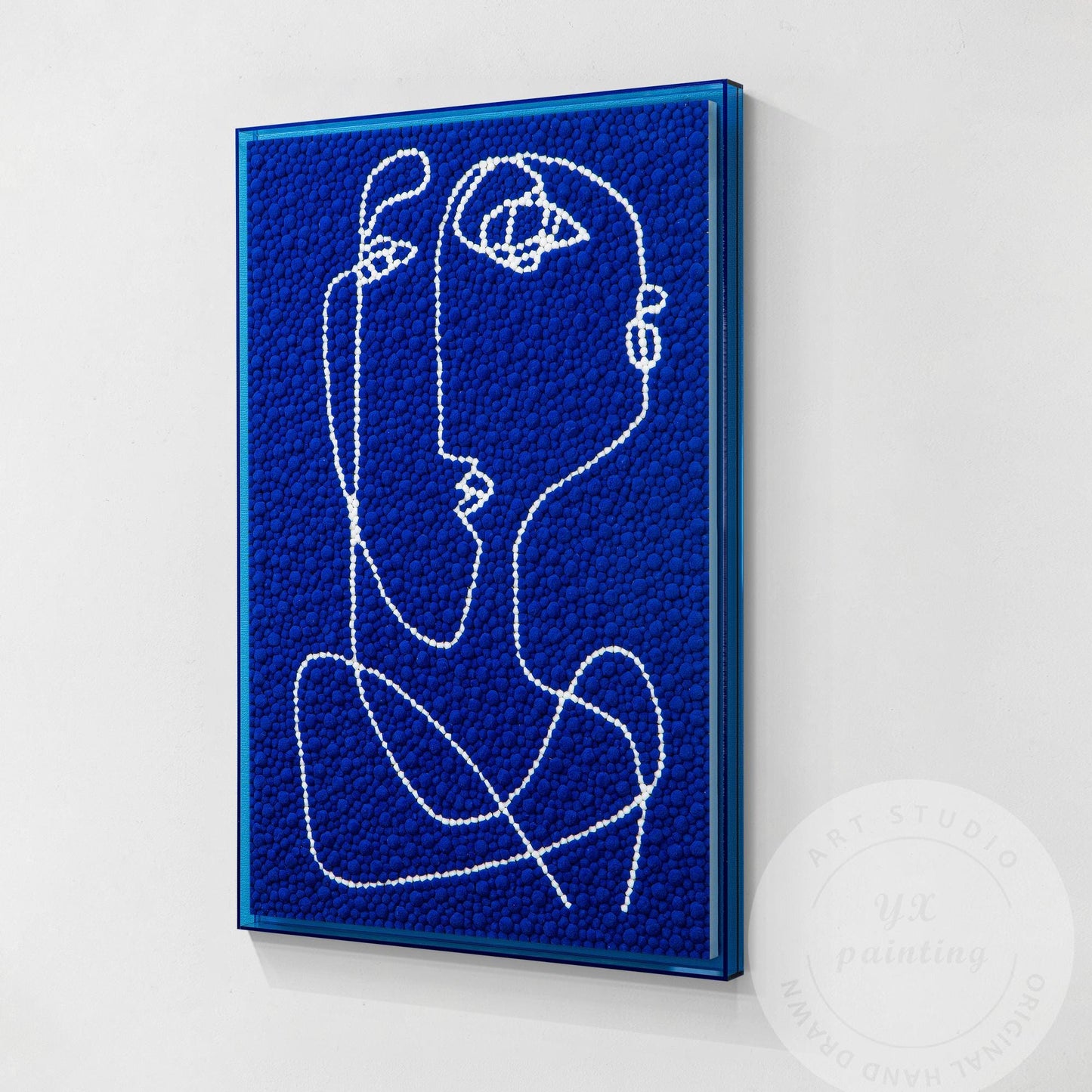 Hand Tufted Abstract Fiber Art, Large Vertical Blue Picasso Line Art, Punch Need #12