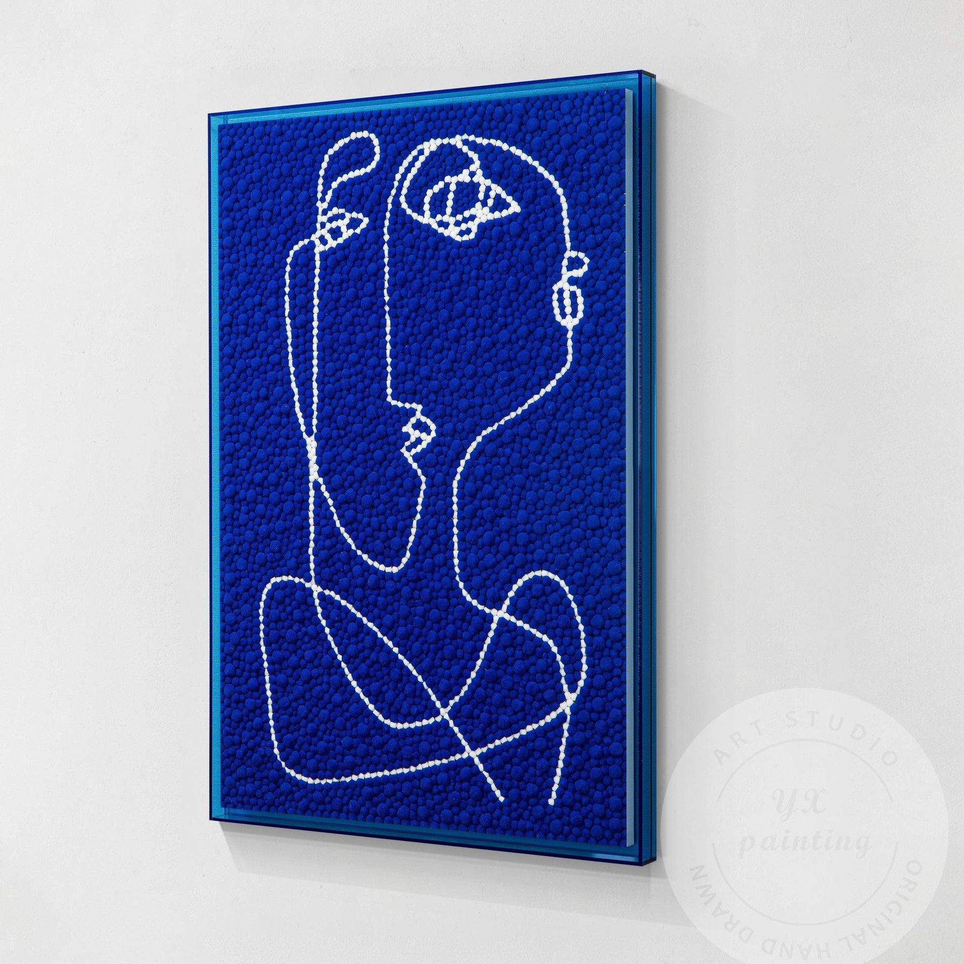 Hand Tufted Abstract Fiber Art, Large Vertical Blue Picasso Line Art, Punch Need #12