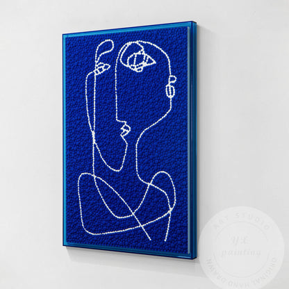 Hand Tufted Abstract Fiber Art, Large Vertical Blue Picasso Line Art, Punch Need #12