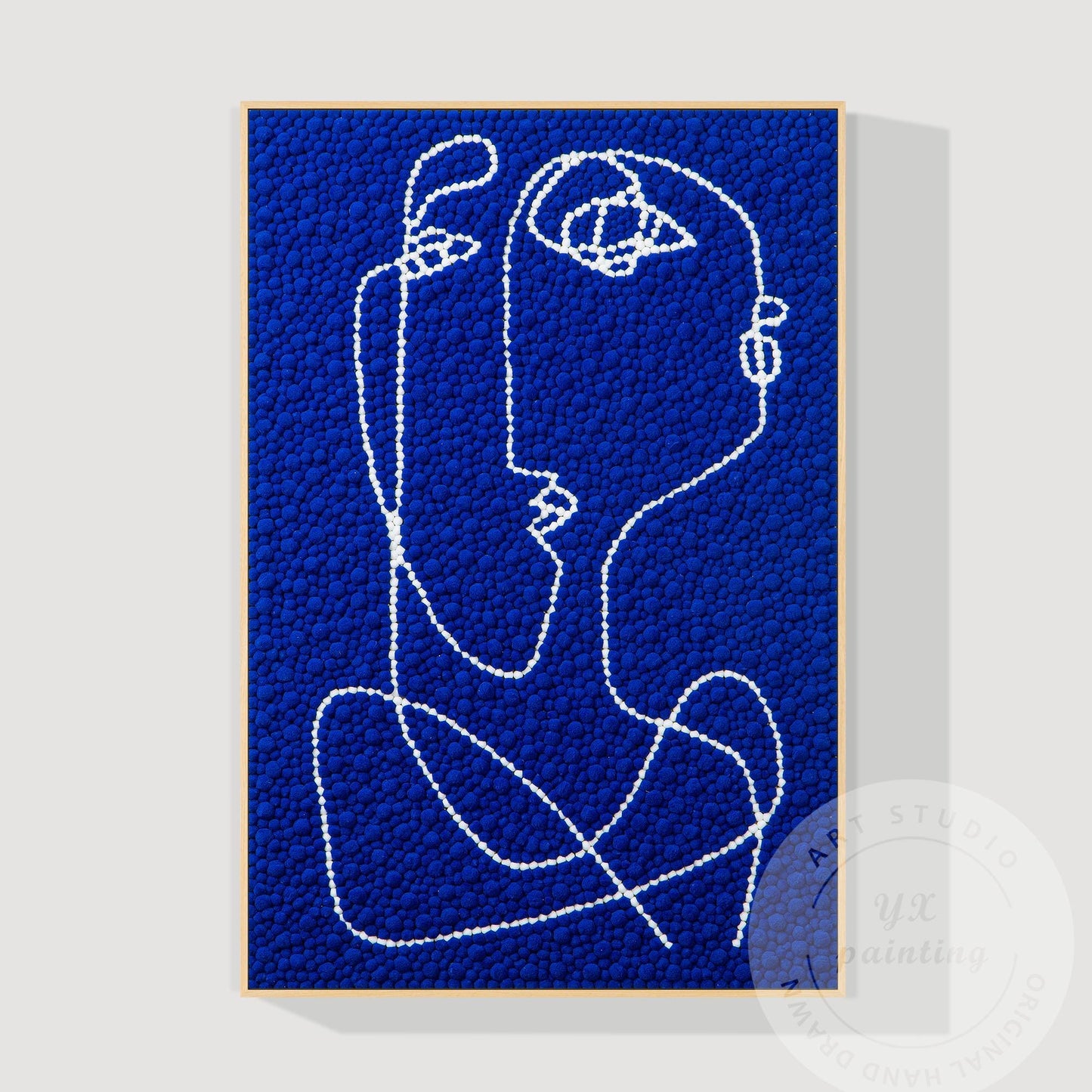 Hand Tufted Abstract Fiber Art, Large Vertical Blue Picasso Line Art, Punch Need #13