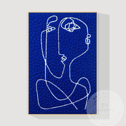 Hand Tufted Abstract Fiber Art, Large Vertical Blue Picasso Line Art, Punch Need #13