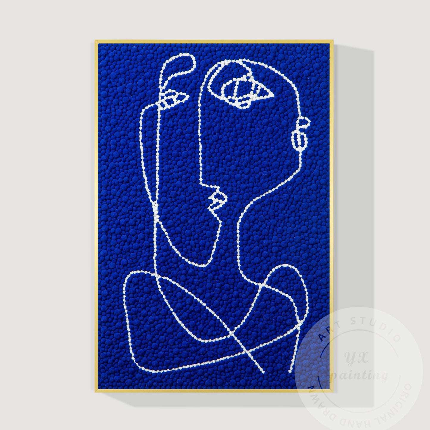 Hand Tufted Abstract Fiber Art, Large Vertical Blue Picasso Line Art, Punch Need #14