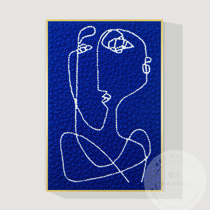 Hand Tufted Abstract Fiber Art, Large Vertical Blue Picasso Line Art, Punch Need #14