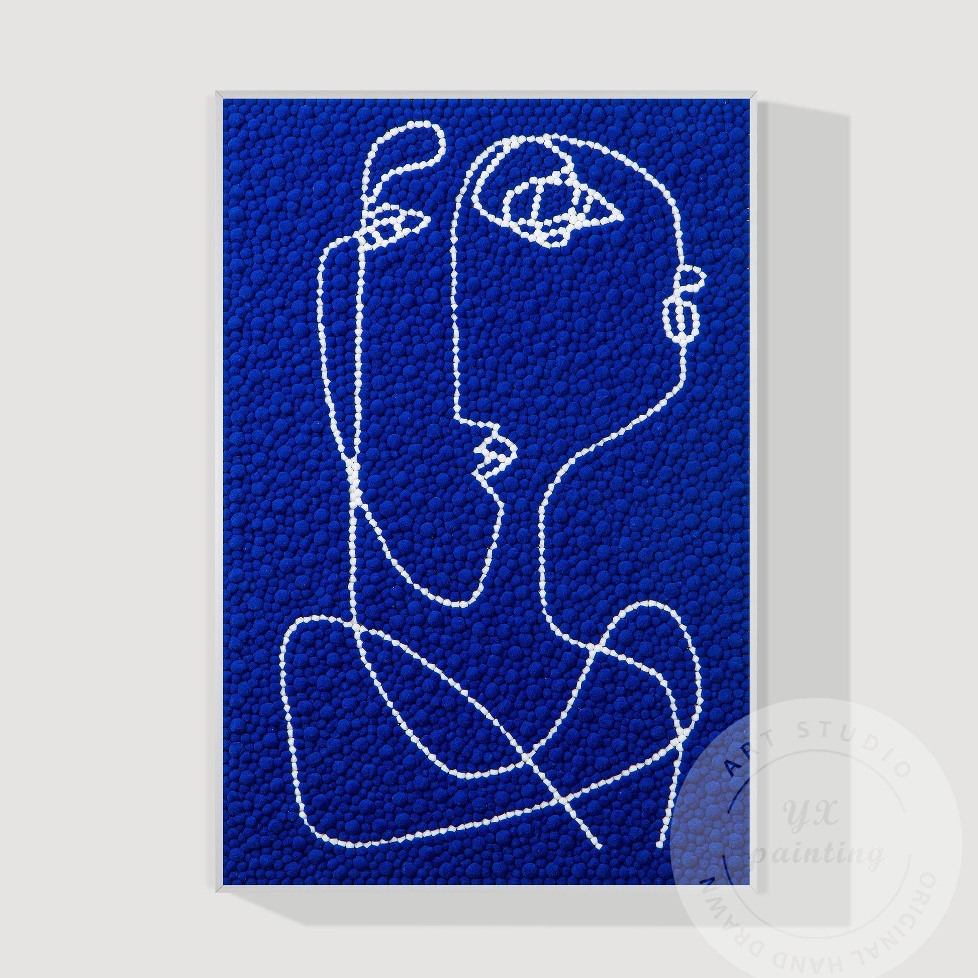 Hand Tufted Abstract Fiber Art, Large Vertical Blue Picasso Line Art, Punch Need #15